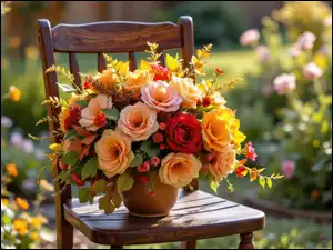 Kolorowe kwiaty w wazonie na krześle w słonecznym ogrodzie