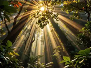 Przebijające światło, Grafika AI, Drzewa, Las, Liście