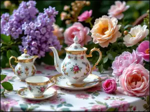 Obrus, Filiżanka, Stolik, Kwiaty, Dzbanek, Kwiatowy, AI, Talerzyki