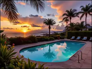 Ogród, Palmy, Leżaki, Basen, Morze, Zachód słońca, Kwiaty