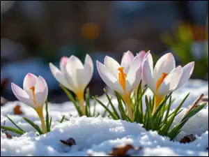 Śnieg, Biało-fioletowe, Krokusy