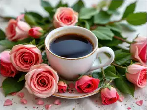 Filiżanka, Biała, Kawa, Róże, Talerzyk, Różowe