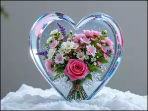 Bukiet kolorowych kwiatów w szklanym sercu na śniegu