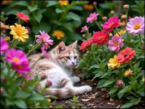 Kolorowe, Kot, Kwiaty