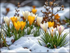 Śnieg, Białe, Żółte, Krokusy