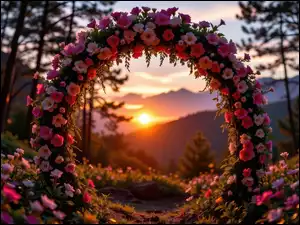 Łuk, Zachód słońca, Kwiaty, Kwiatowy, Kolorowe, Drzewa, Góry