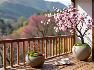 Kwitnące drzewko owocowe i rośliny w donicach na balkonie w słonecznym blasku