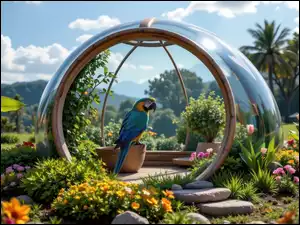 Kamienie, Szklana, Kwiaty, Ara, Donica, Kopuła, Siedząca, Ogród, Papuga