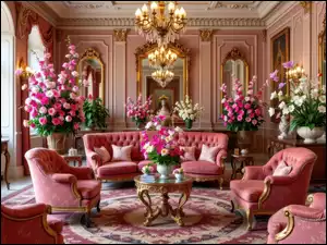 Lustra, Stolik, Dywan, Kwiaty, Sofa, Salon, Bukiety, Fotele, Kolorowe, Obraz