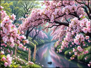 Kwiaty, Wiosna, Kwitnące, Rzeka, Różowe, Drzewa