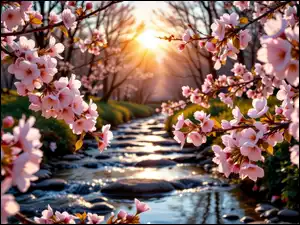 Strumień, Wiosna, Różowe, Zachód słońca, Kwitnące, Kwiaty, Grafika AI, Gałęzie