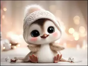 Mały uroczypingwin w czapce z pomponem na rozmytym tle