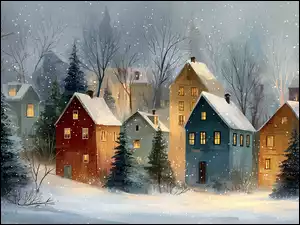 Domki, Kolorowe, Zima, Grafika AI, Choinki, Śnieg