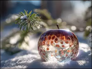 Jabłko, Szklane, Gałązki, Grafika AI, Śnieg, Jodła