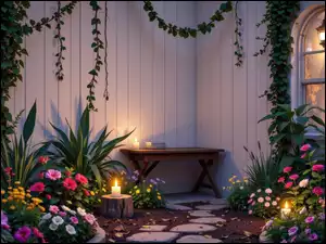 Pnące, Kolorowe, Świece, Rośliny, Kwiaty, Stół, Ogródek, Lampion