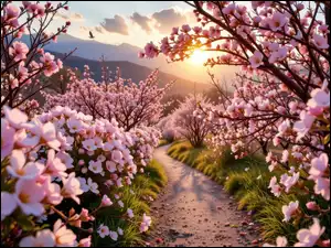 Kwiaty, Wiosna, Gałązki, Ścieżka, Kwitnące, Różowe, Zachód słońca, Drzewa