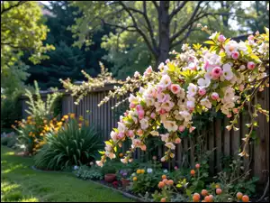 Płot, Ogród, Drzewo owocowe, Kwiaty