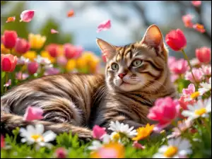 Tulipany, Kot, Bury, Kwiaty