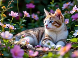 Kot, Kwiaty, Brązowo-biały, Leżący, Kolorowe