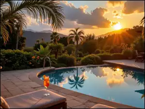 Drink na leżaku pod palmą na basenie w tropikach o zachodzie słońca