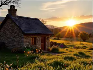 Zachód słońca, Góry, Promienie słońca, Dom, Kwiaty, Trawa, Drzewa