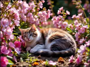 Różowe, Kot, Kwiaty