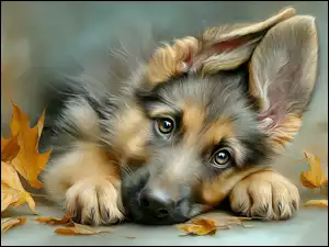 Szczeniak, Owczarek niemiecki, Suche, Grafika AI, Pies, Liście