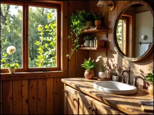 Umywalka, Szafka, Półki, Łazienka, Kwiaty, Okno, Lustro