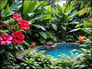 Paprocie, Ogród, Czerwone, Liście, Oczko wodne, Strelicje, AI, Kwiaty