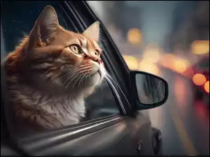 Rudy kot w oknie samochodu patrzący w górę