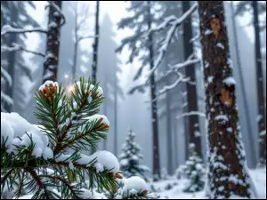 Sosna, Gałązka, Las, Grafika AI, Śnieg, Zima