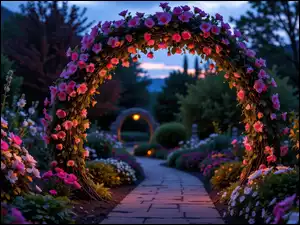 Kwiatowy, Łuk, Alejka, Ogród, Drzewa, Kwiaty, Kolorowe