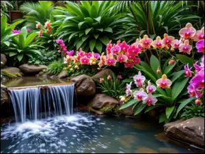 Oczko wodne, Kwiaty, Grafika AI, Kamienie, Rośliny, Storczyki, Kolorowe