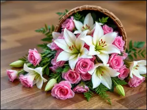 Białe, Lilie, Wiklinowy, Kwiaty, Kosz, Róże, Różowe