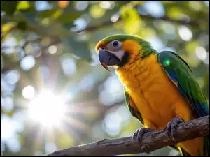Żółto-zielona, Papuga, Gałąź, Grafika AI, Ara, Promienie słońca