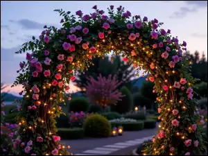 Alejka, Ogród, Rośliny, Różowe, Łuk, Lampiony, Kwiaty, Kwiatowy