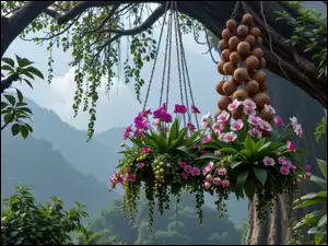 Storczyki w doniczkach zawieszonych na drzewie na tle zalesionych gór w oddali