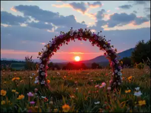 Łuk udekorowany kolorowymi kwiatami na ukwieconej łące o zachodzie słońca