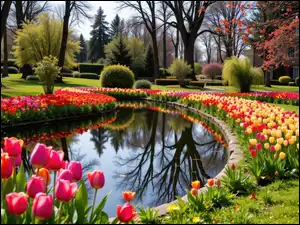 Tulipany, Wiosna, Kwiaty, Park, Drzewa