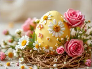 Żółte jajko w gniazdku obok stokrotek i różowych róż