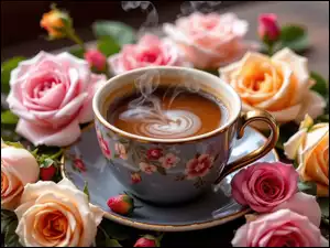 Róże, Filiżanka, Kawa, Kwiaty