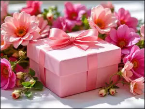 Prezent, Kwiaty, Pudełko, Różowe, Kokarda