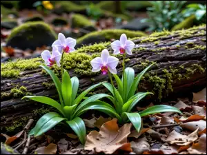 Jasnoróżowe storczyki z listkami wśród suchych liści przy omszałej kłodzie