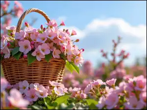 Kwiaty, Różowe, Koszyk, Grafika AI, Bukiet, Niebo