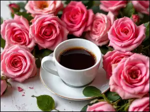 Kawa, Filiżanka, Kwiaty, Róże, Talerzyk, Różowe