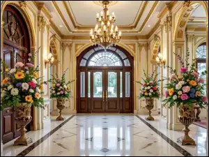 Bukiety, Kolorowe, Drzwi, Hol, Żyrandol, Wazony, Kwiaty
