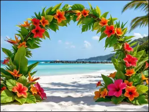 Plaża, Kwiatowy, Kwiaty, Liście, Łuk, Morze, Palmy, Kolorowe