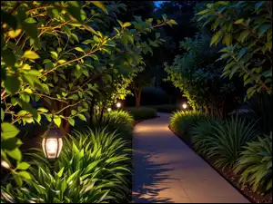 Rośliny, Chodnik, Drzewa, Ogród, Latarnie