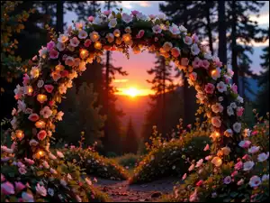 Las, Kwiatowy, Drzewa, Zachód słońca, Kwiaty, Różowe, Łuk