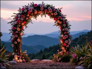 Zapalone świece i kwiaty przy łuku oplecionym różami z widokiem na góry i zapadający zmierzch